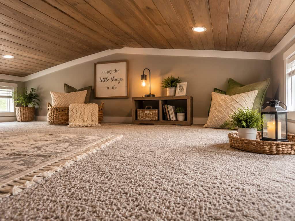 Wheeler loft: wood-plank sloped ceiling, carpet, cubbies, recessed lights