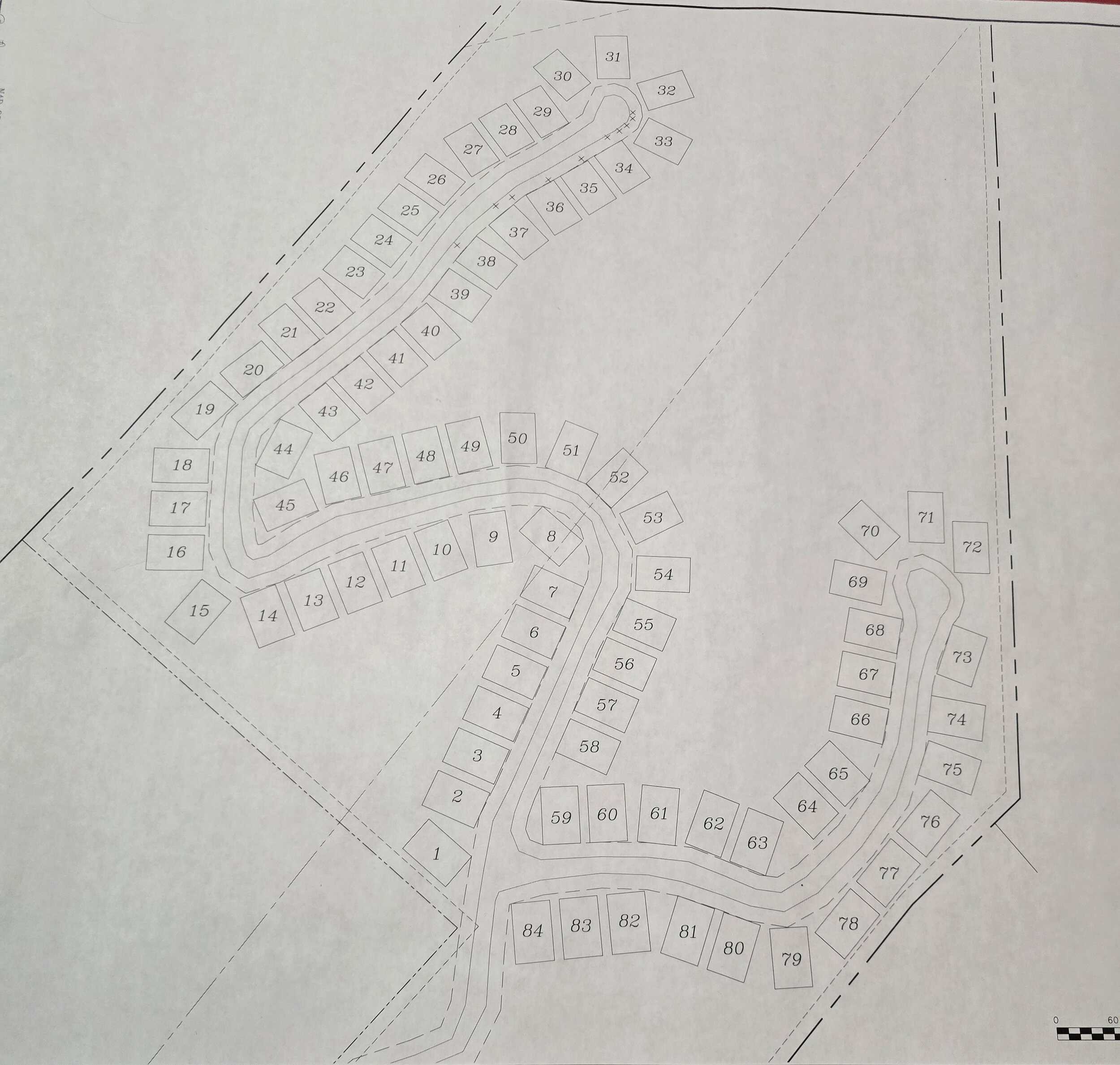 Black-and-white site plan numbering lots 1 through 84 along two winding loops at Cottages at Timber Crest in Bean Station, Tennessee
