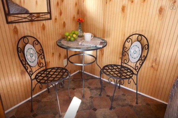 bistro table inside micro cabin 