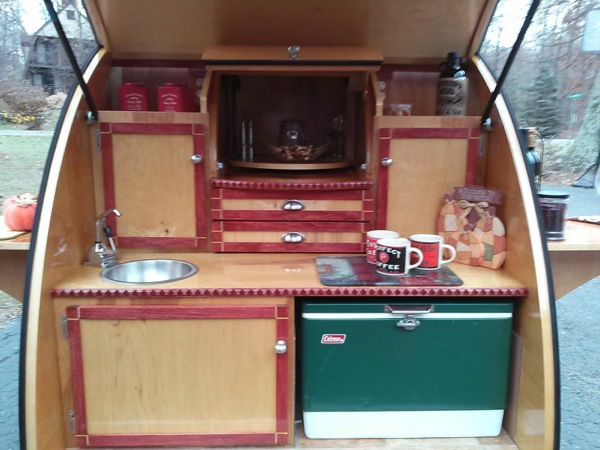 custom woody teardrop camper for sale kitchen area
