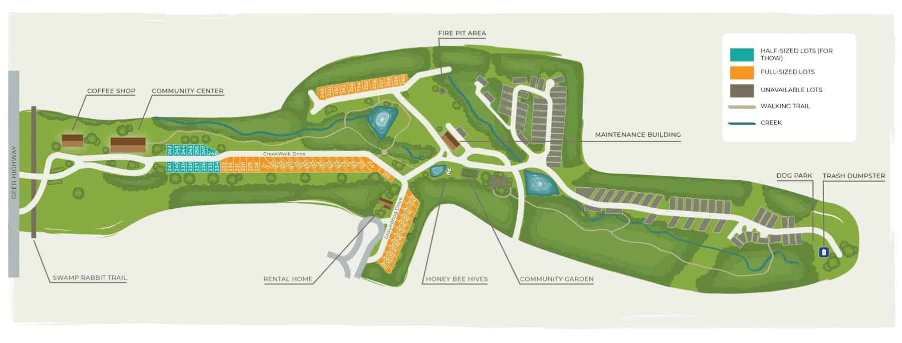 Illustrated site map of Creek Walk showing lots, trails, ponds, and the planned community center