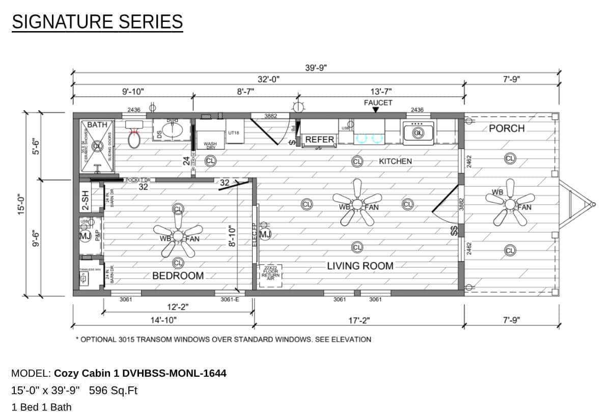 Floor plan of the Deer Valley Cozy Cabin showing porch, living room, kitchen, laundry, bath, and bedroom