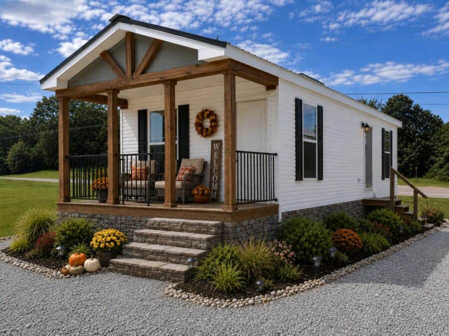 2027 Deer Valley Fawn TH27127 exterior: white lap siding, timber porch posts, fall staging