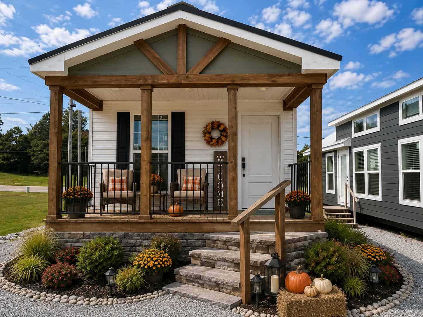 Deer Valley Fawn TH27127 front exterior with covered porch and stone-faced steps