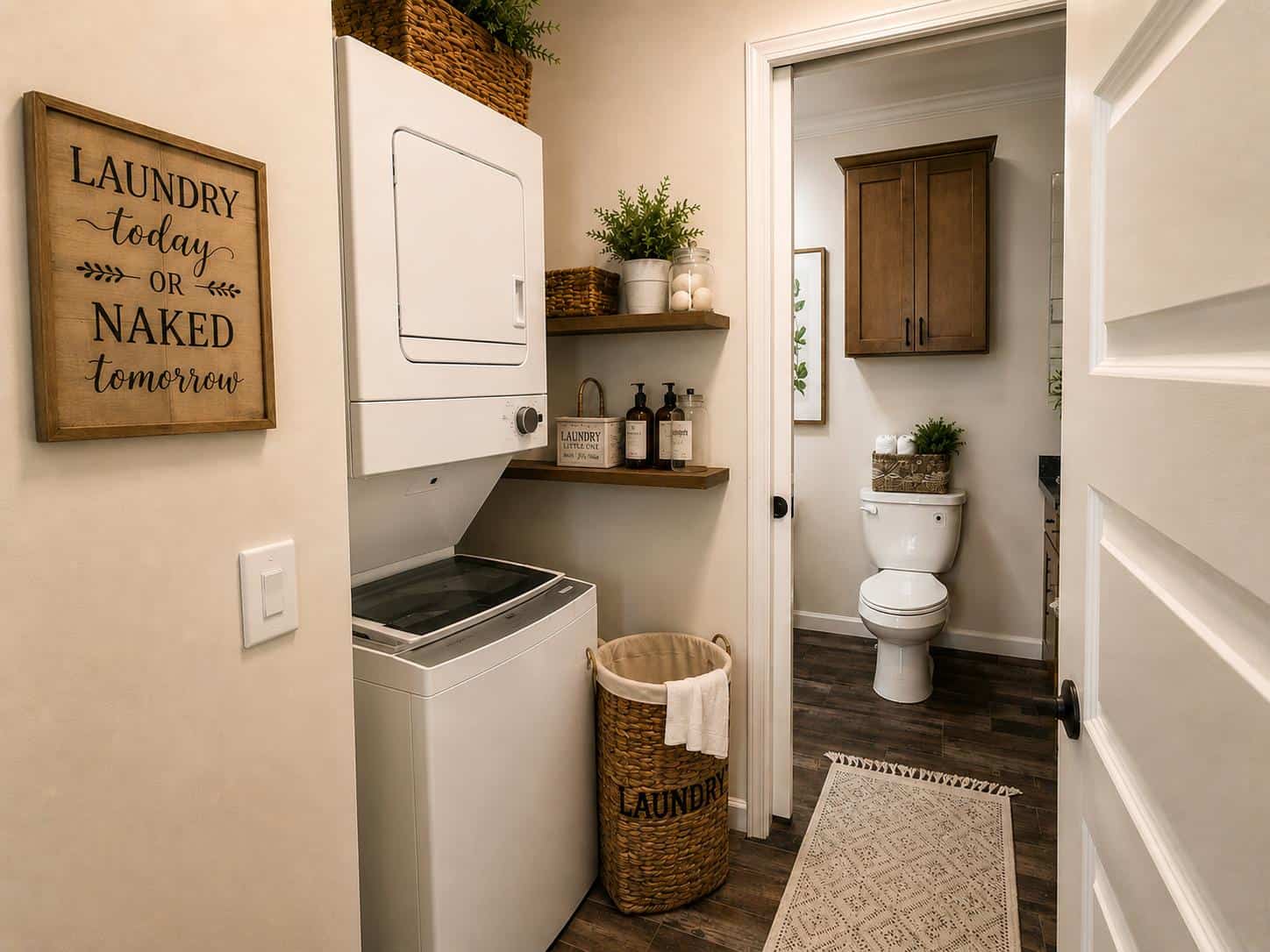 Fawn TH27127 stacked washer and dryer toward the bath