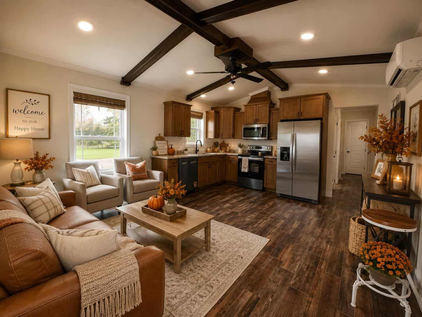 Fawn TH27127 living and kitchen: vaulted ceiling with dark beams, wood cabinets, farmhouse sink