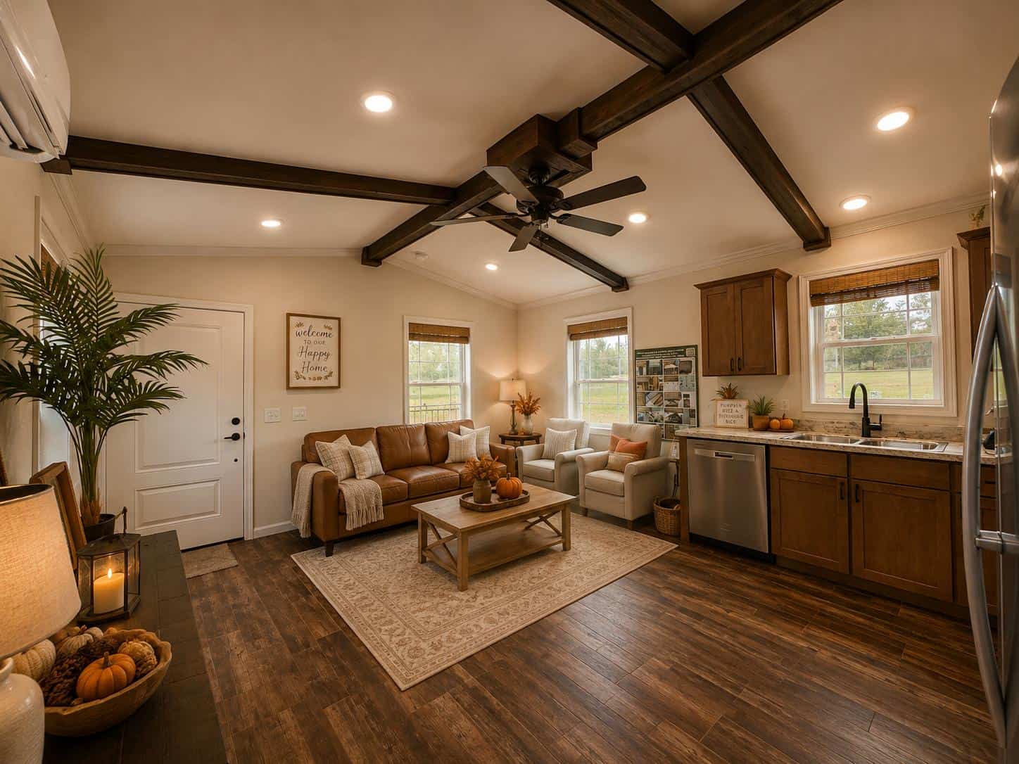 Fawn TH27127 living area toward kitchen under vaulted beamed ceiling