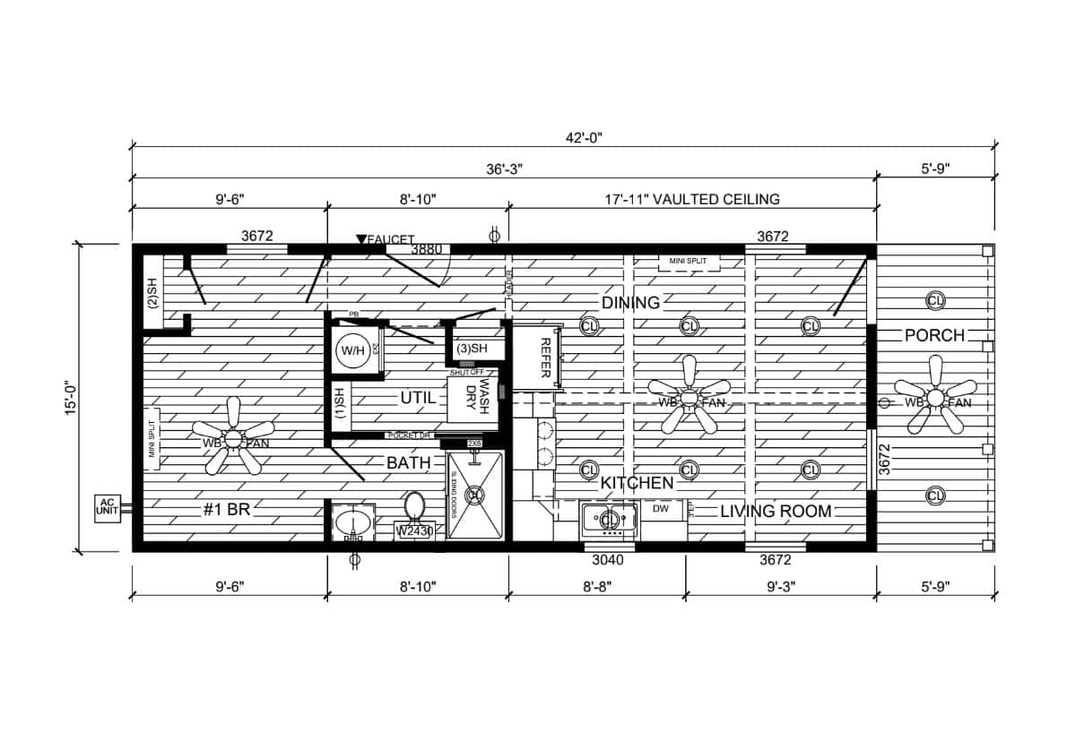 Floor plan of the Deer Valley Fawn showing porch, living room, dining, kitchen, utility, bath, and bedroom