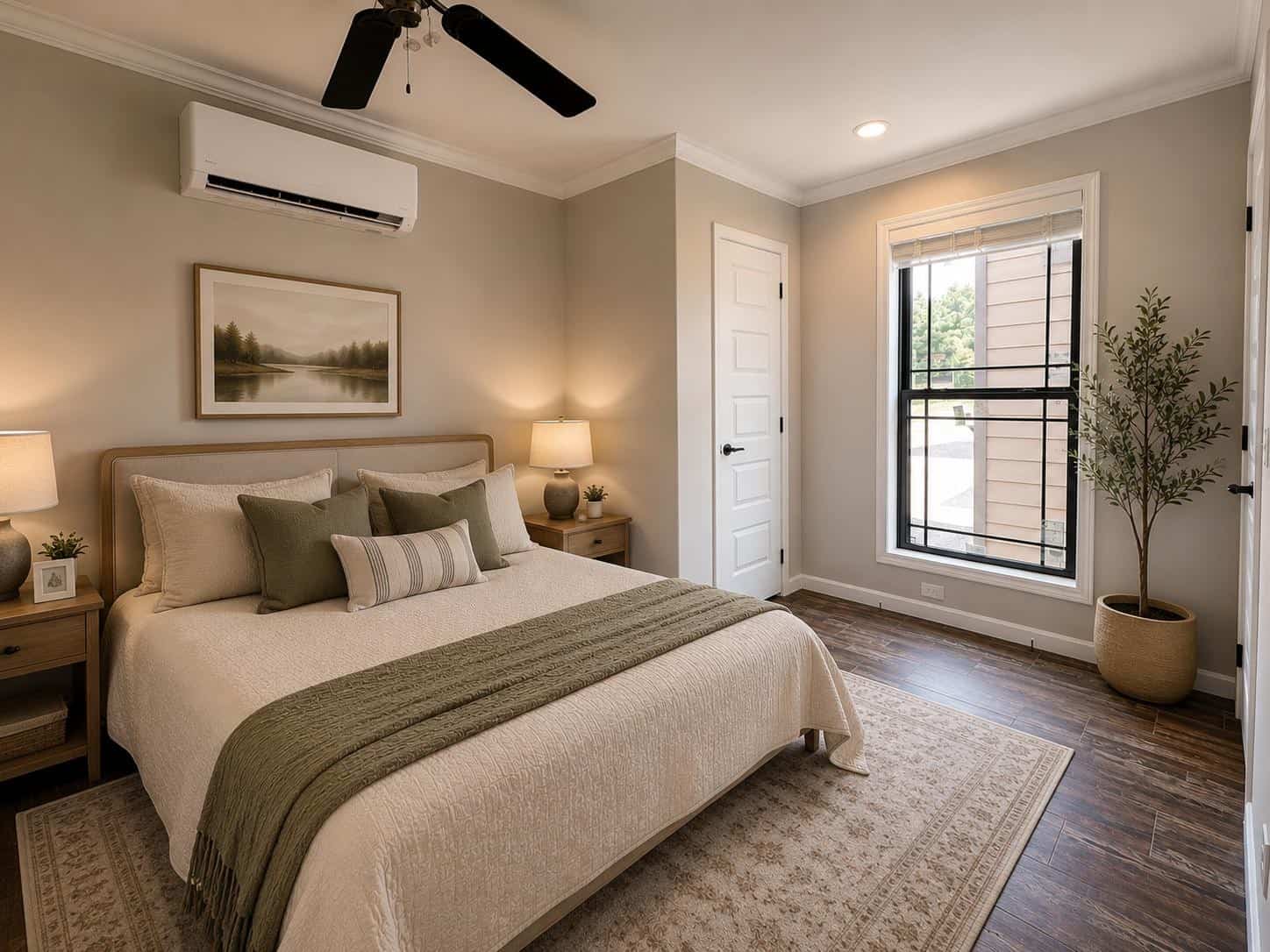 Fawn Unlimited bedroom: wood headboard, nightstands with lamps, mini-split above the bed, olive tree by the window