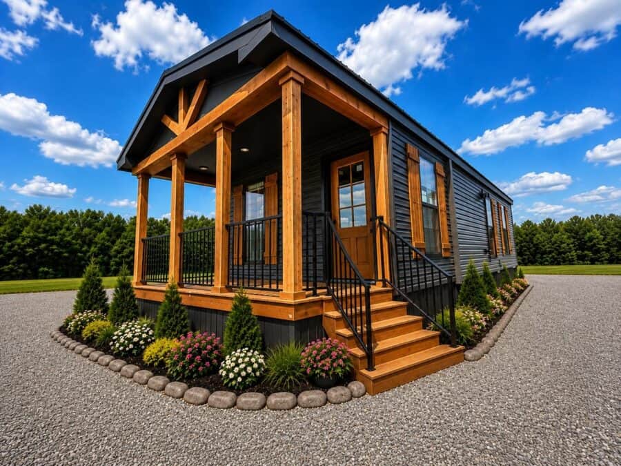 2027 Deer Valley Fawn Unlimited exterior: dark charcoal siding, wood porch columns and shutters, gravel and landscaped bed