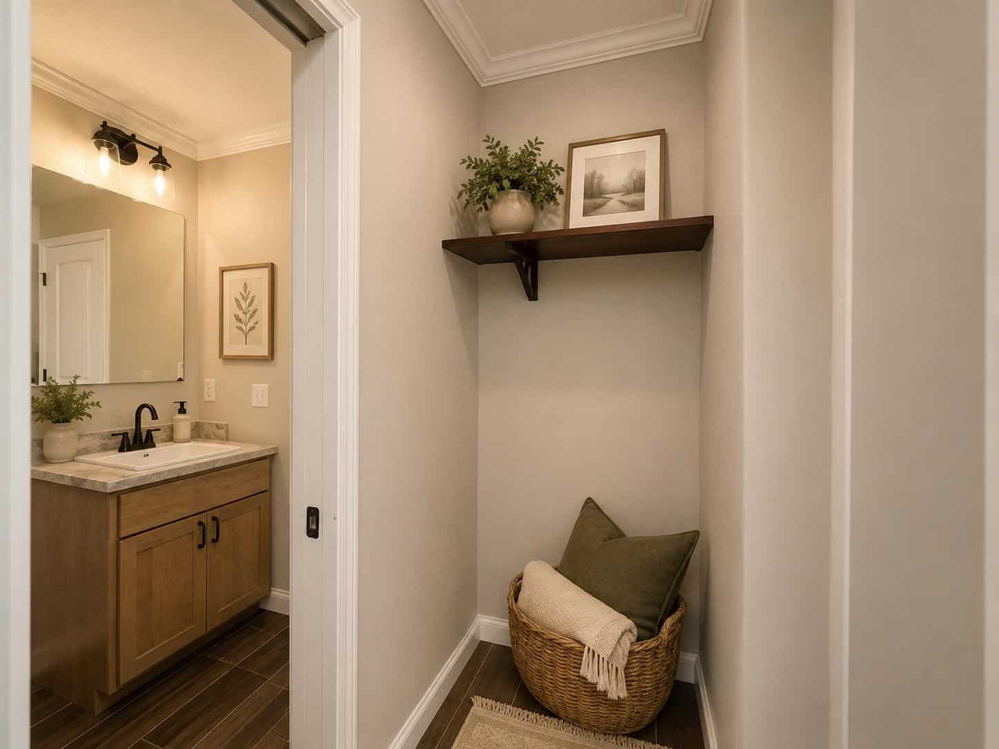 Hall nook with woven basket and floating shelf; bath vanity visible through the doorway