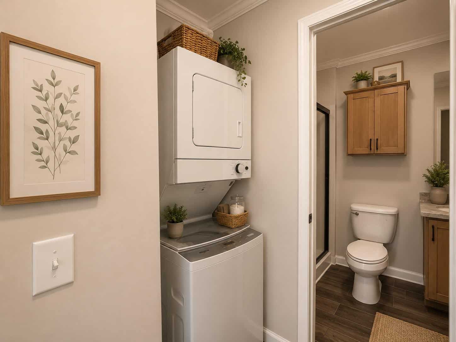 Stacked washer and dryer toward the bath: glass shower corner, toilet, light-wood vanity