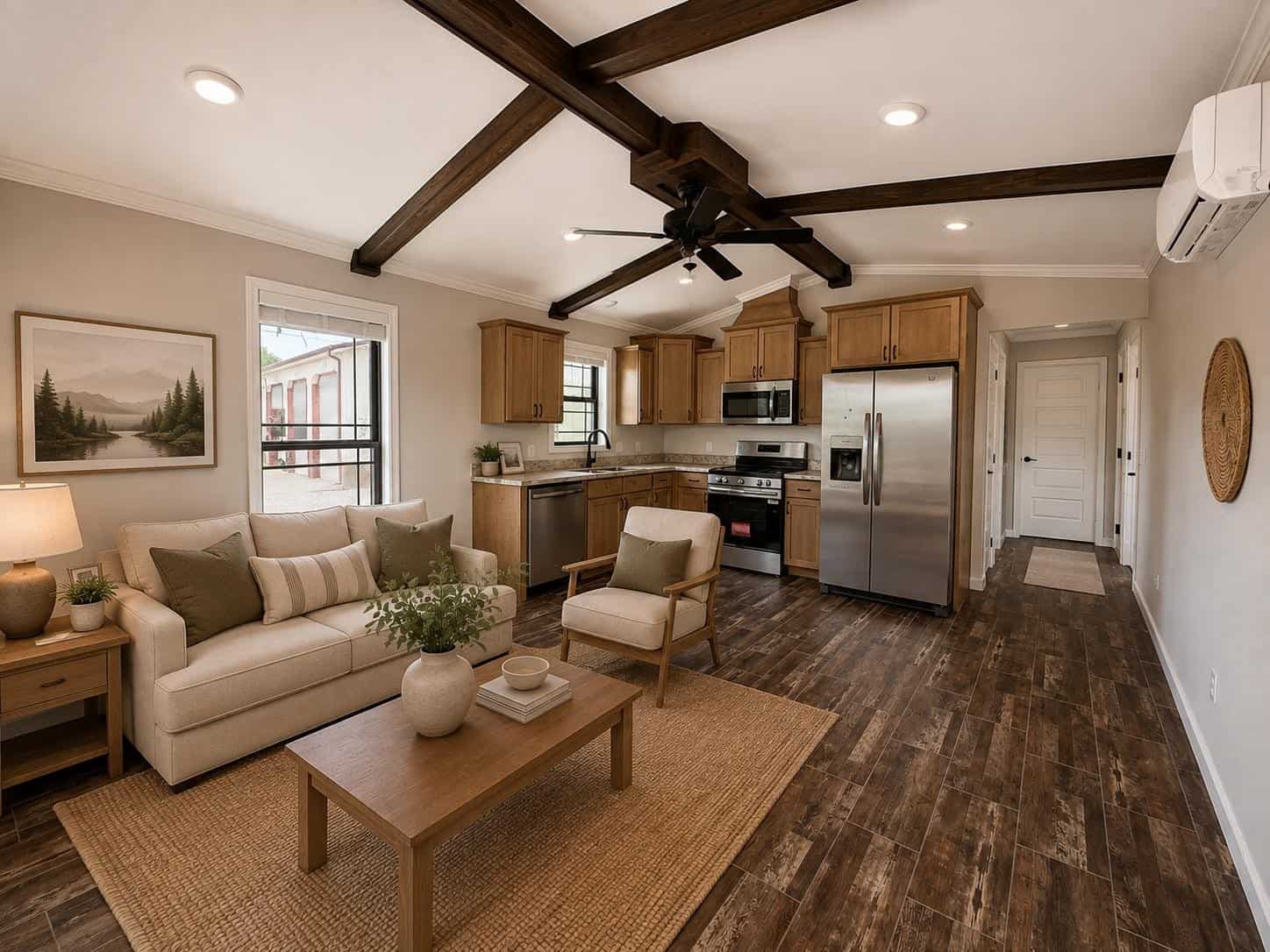 Fawn Unlimited living and kitchen: vaulted ceiling with dark beams, light oak cabinets, stainless appliances, sofa seating