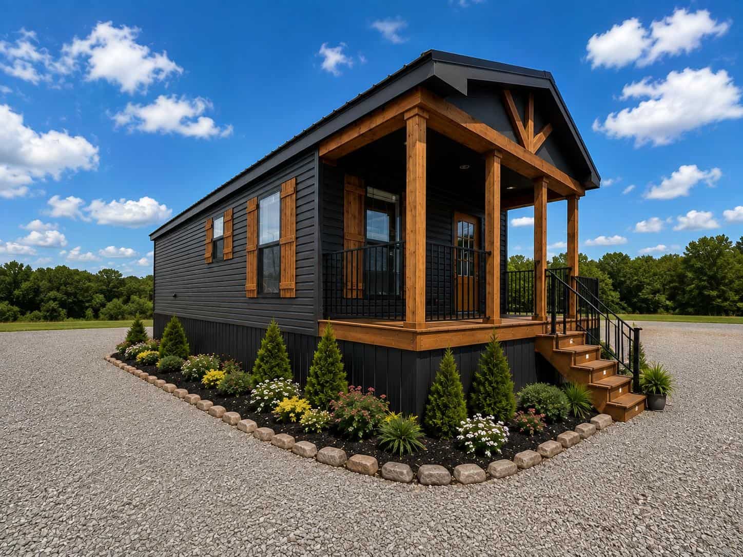 Three-quarter exterior of Fawn Unlimited TH27126: charcoal lap siding, covered porch, wood accents
