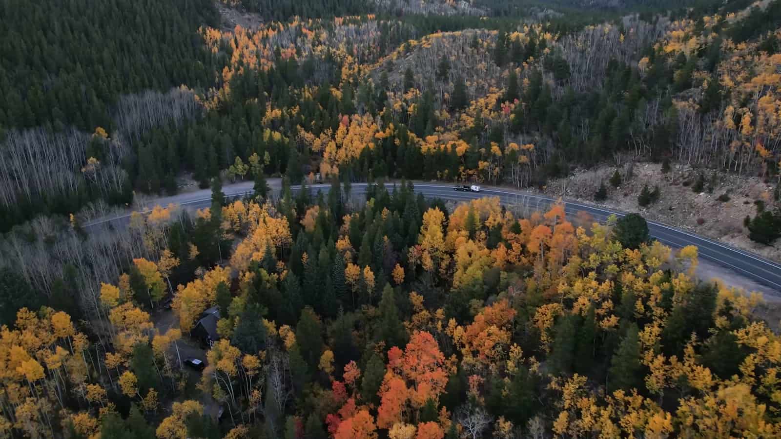 Aerial view of a road winding through golden aspens in the Colorado Rockies