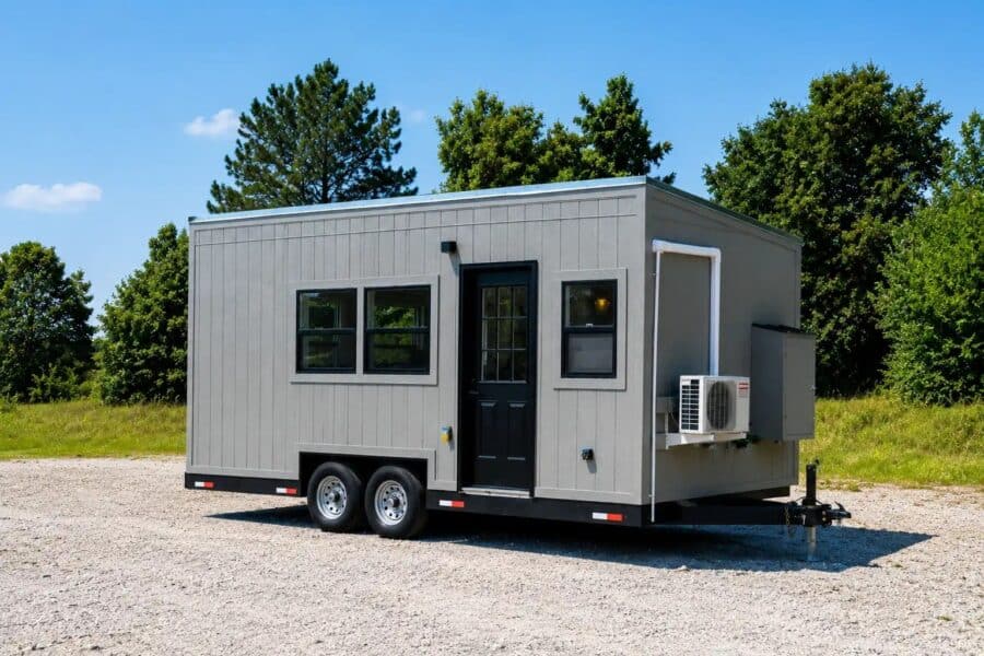 Fairfax 20 unit 157: grey vertical siding, black windows and door, dual-axle trailer on gravel, mini-split on the hitch wall