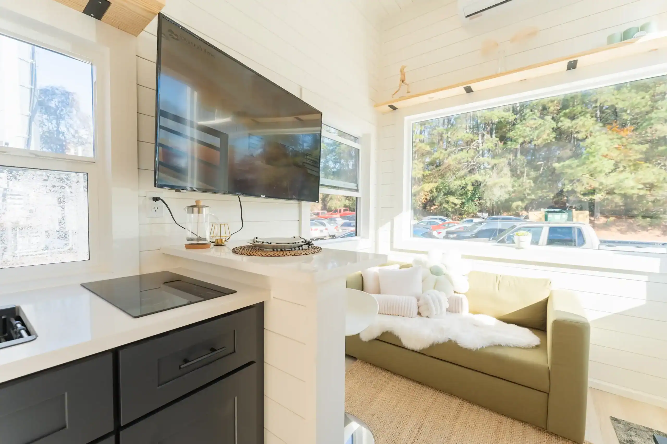 Sora interior: white-counter kitchen with a black two-burner cooktop and dark cabinets, TV on white shiplap, olive sofa under a large picture window
