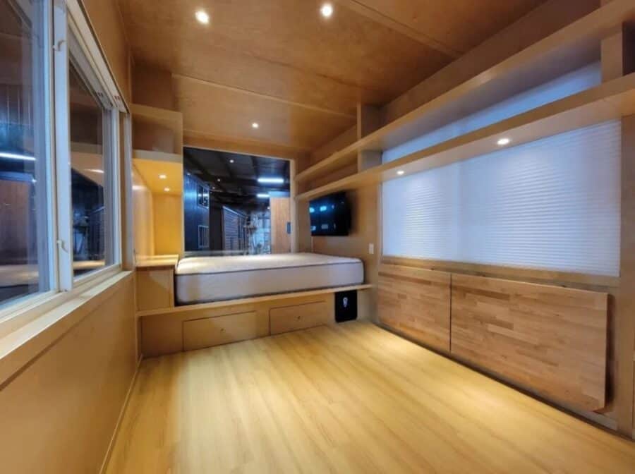 Bright interior of the eVista tiny house showcasing modern design and efficient space utilization.