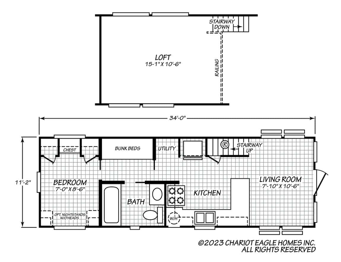 Floor plan of the 34-foot Eagle Loft 11341A with living room, kitchen, bath, bunk beds, bedroom, and loft