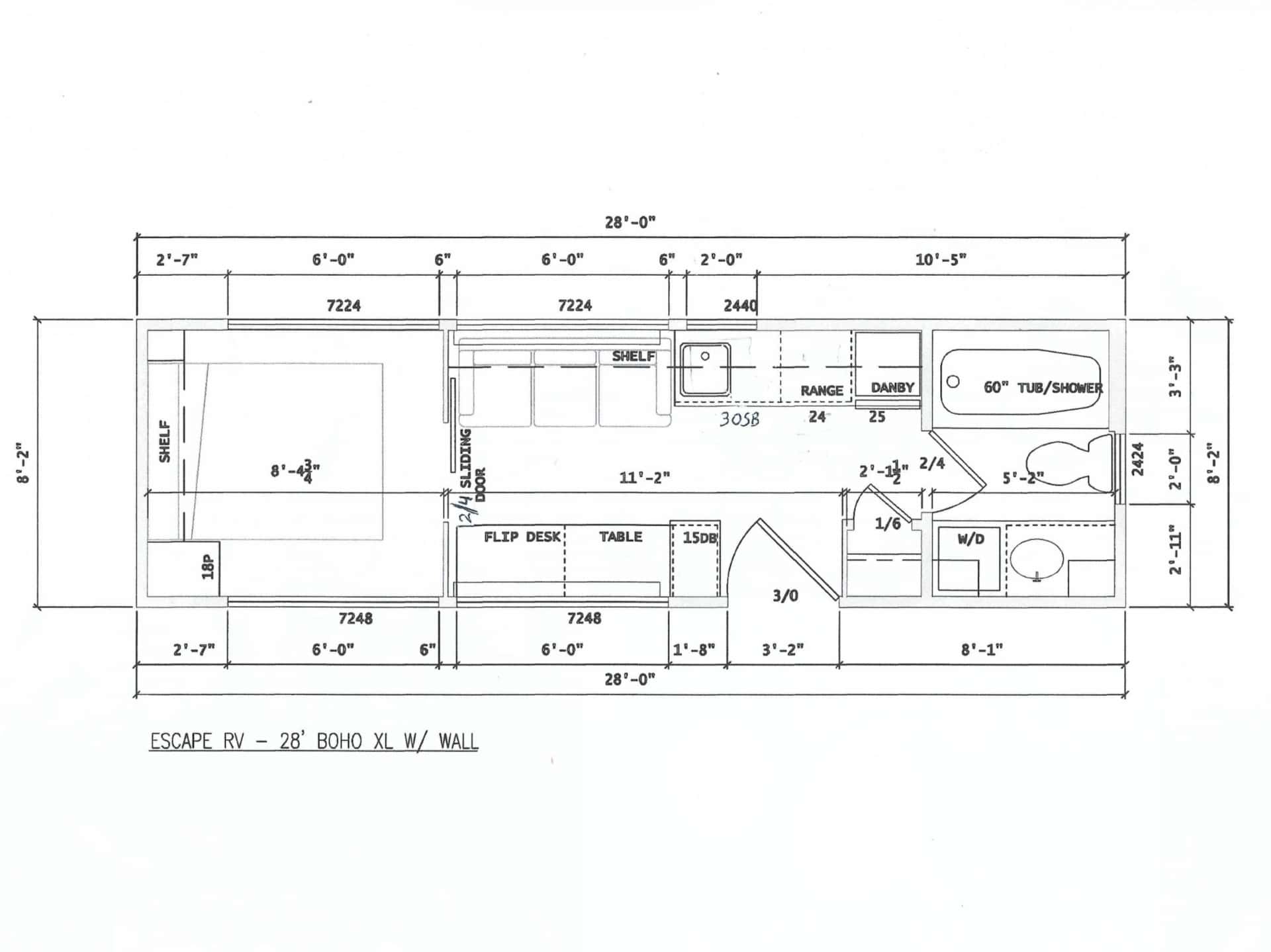 Floor plan of the 28-foot Escape Boho XL tiny house