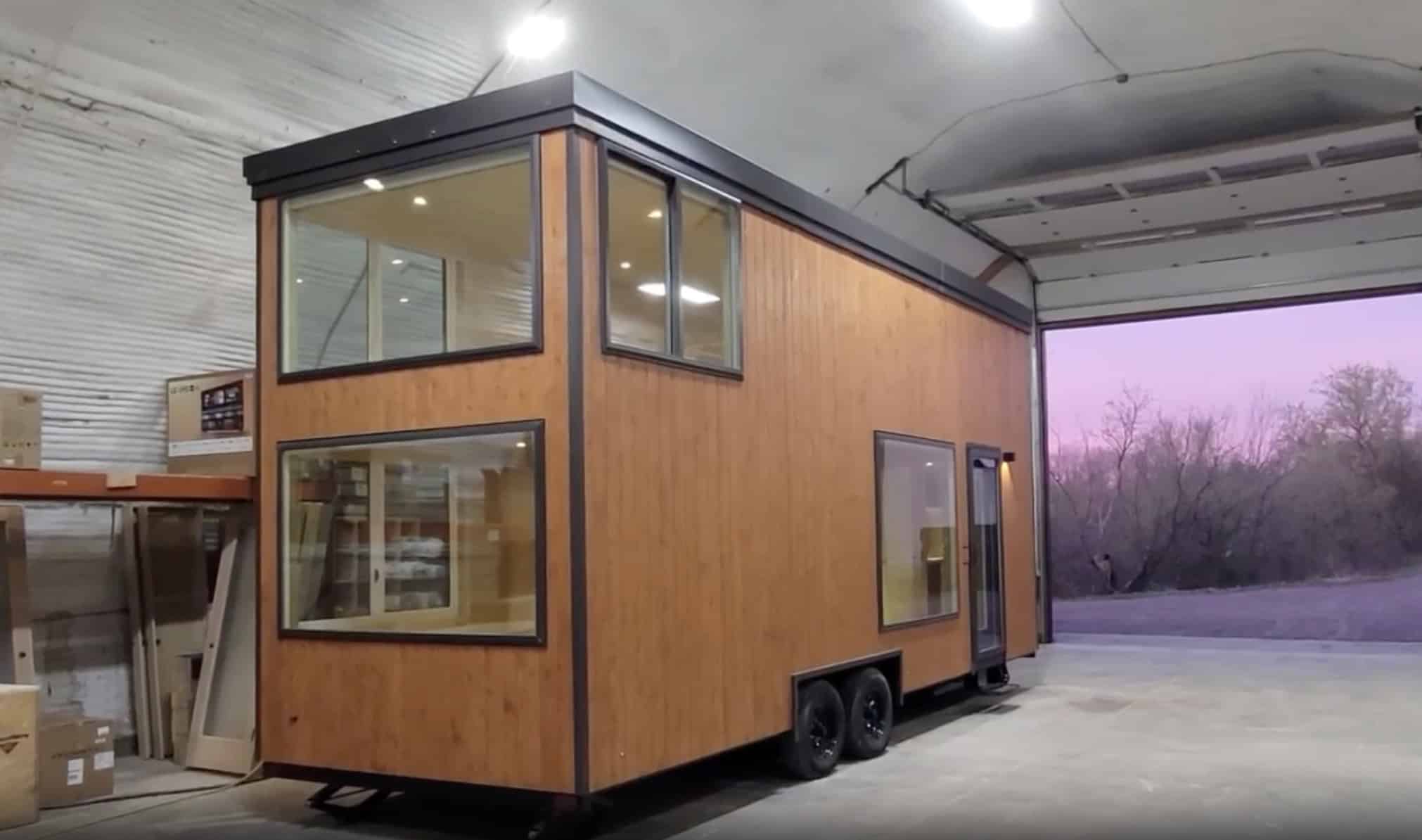Escape eONE Limited Edition two-story tiny house on wheels exterior with floor-to-ceiling second-floor windows and a special exterior color