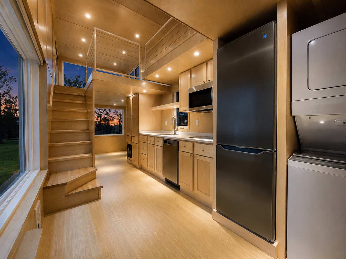 Escape eONE Limited interior showing the staircase to the second floor, galley kitchen, tall fridge, and stacked washer dryer