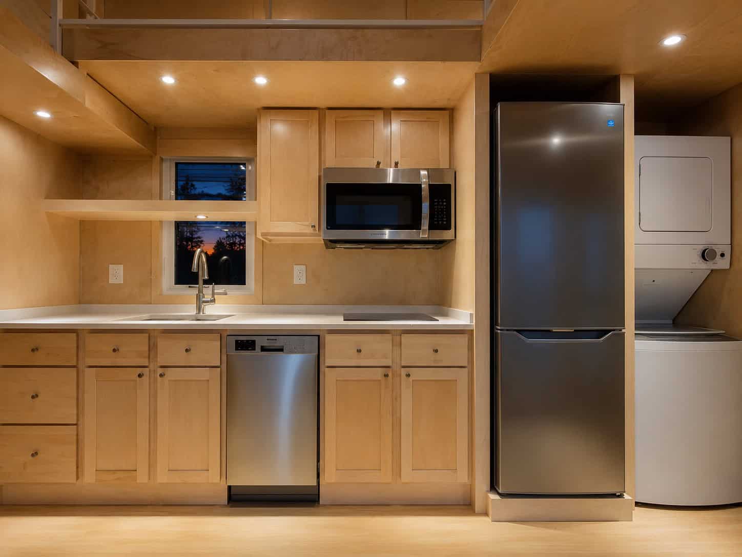 Escape eONE Limited all-electric kitchen with quartz counter, deep sink, dishwasher, induction cooktop, microwave convection oven, and tall fridge
