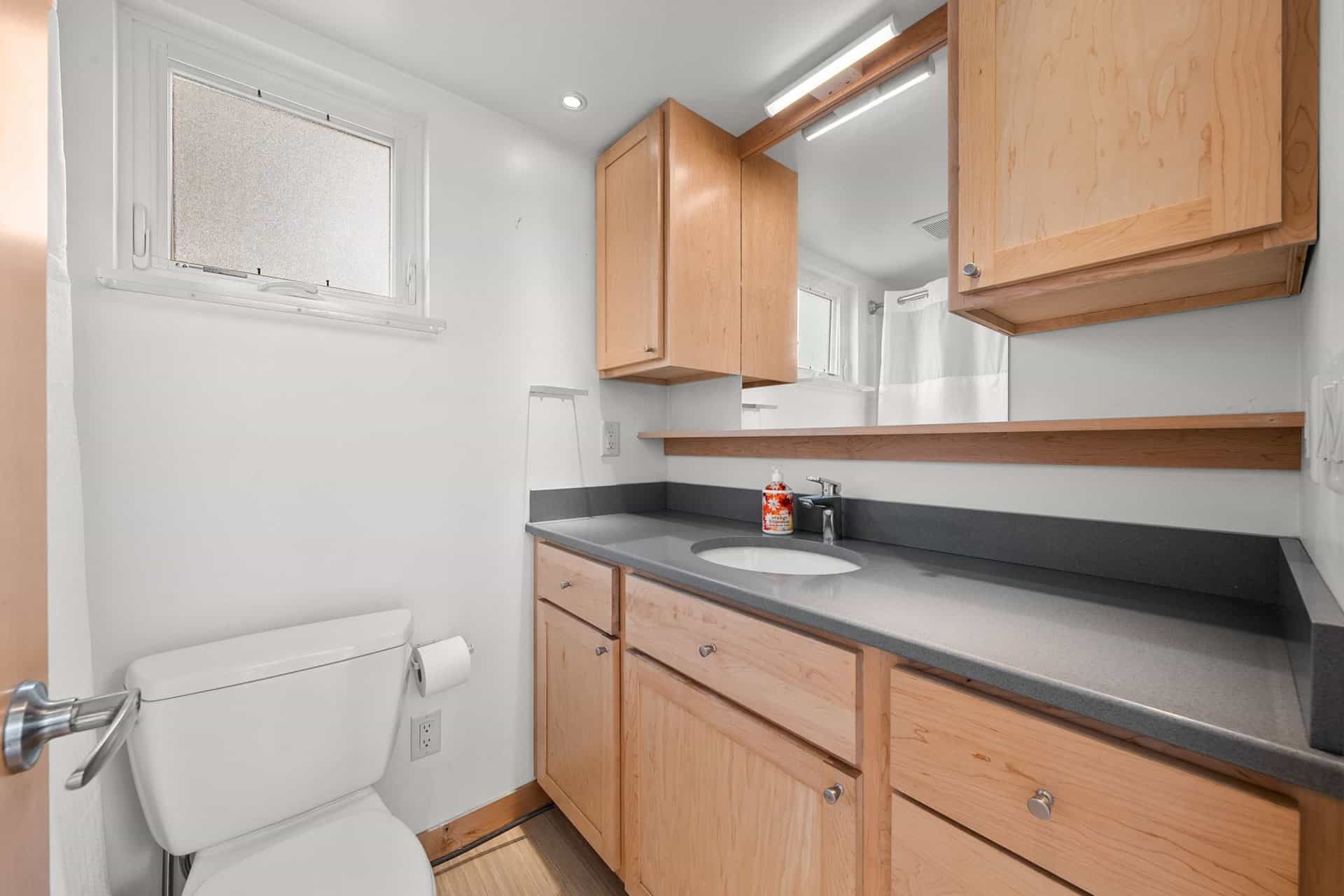 Full bathroom with vanity and storage in the Escape One XL tiny home