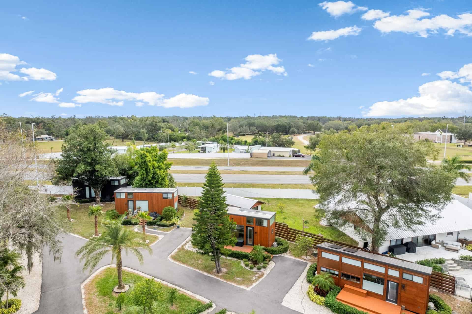 Aerial view of the Escape Tampa Bay Village tiny home community in Florida