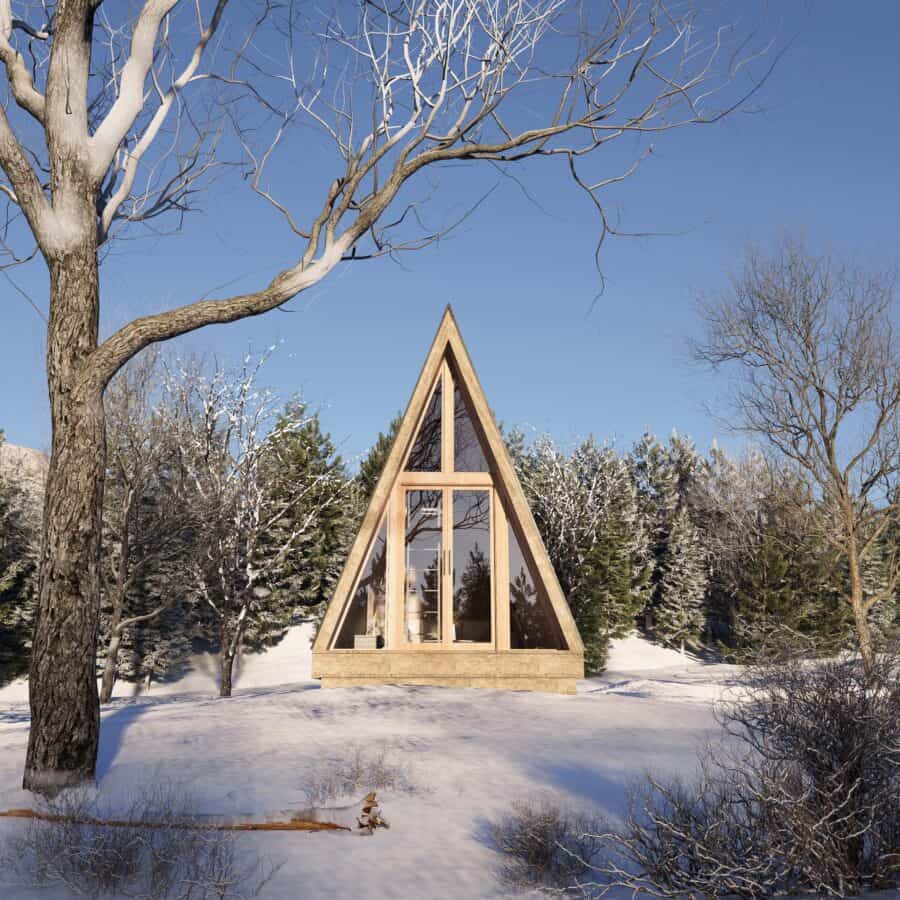 A-frame tiny house surrounded by snow and trees in winter.
