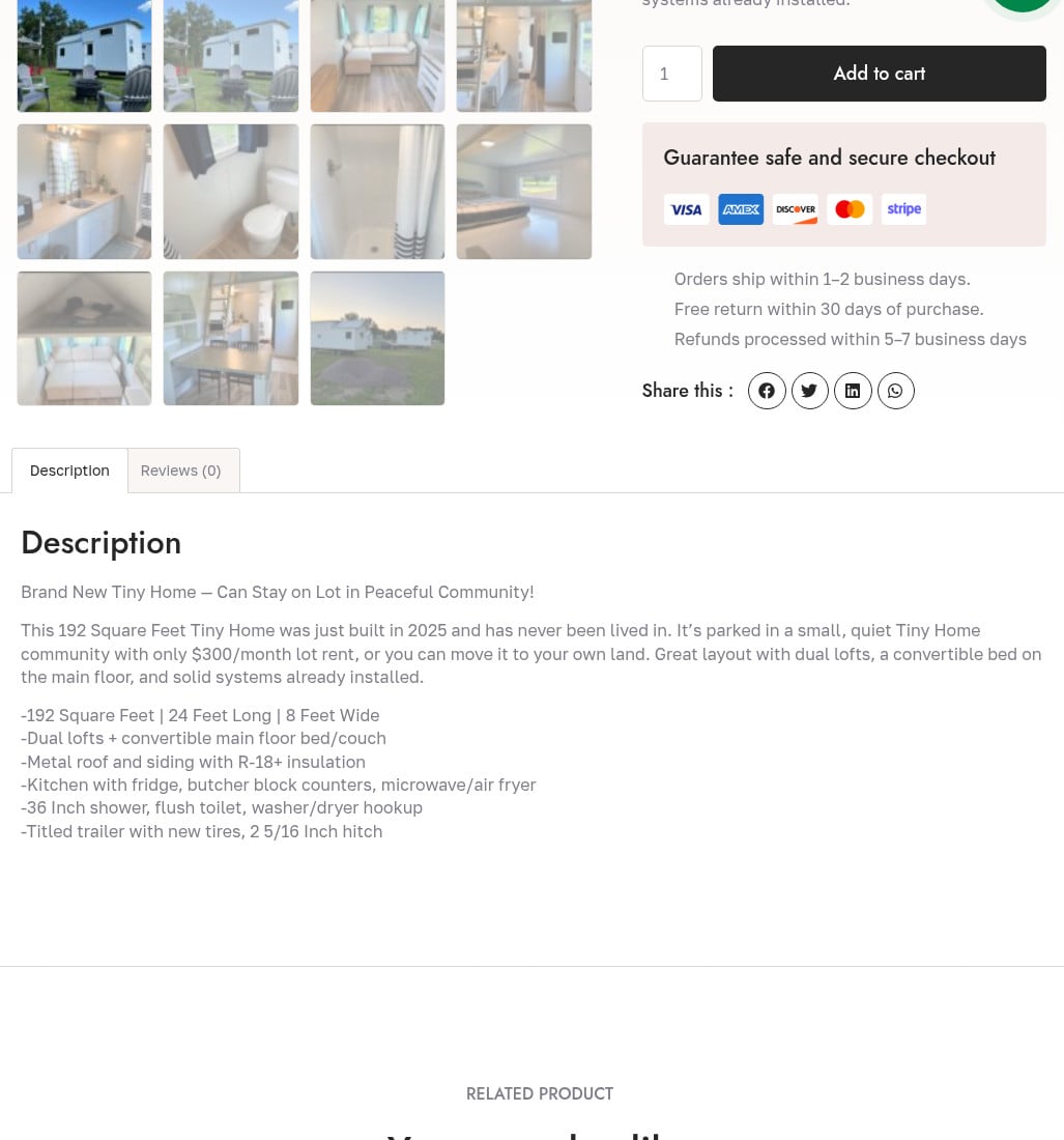 Screenshot of checkout claims: Add to cart, card logos, orders ship within 1-2 business days, free return within 30 days