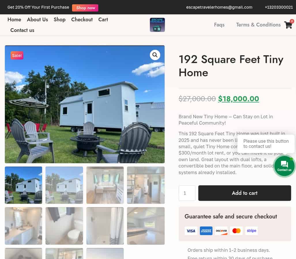 Screenshot of a shop using the Escape Traveler name, listing a 192 square foot tiny house for $18,000 with an Add to cart button