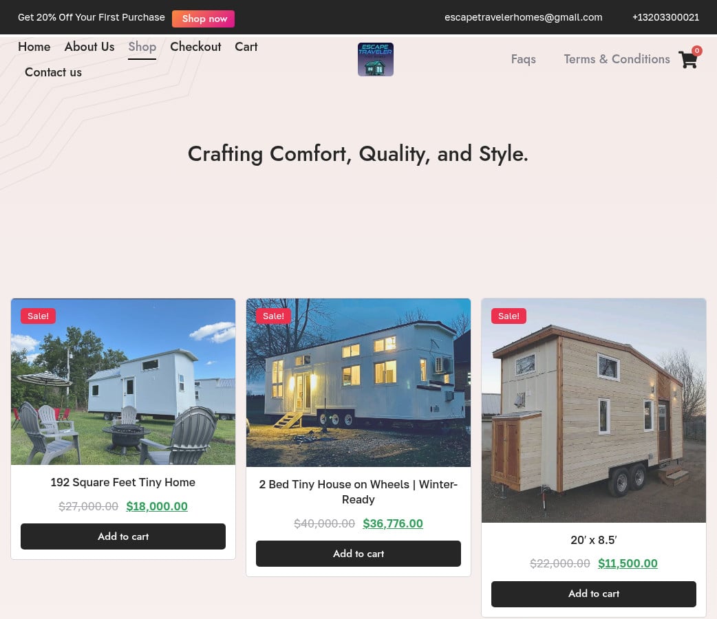 Screenshot of a shop header using the Escape Traveler name, a Gmail address, a phone number, and a 20 percent off first purchase banner