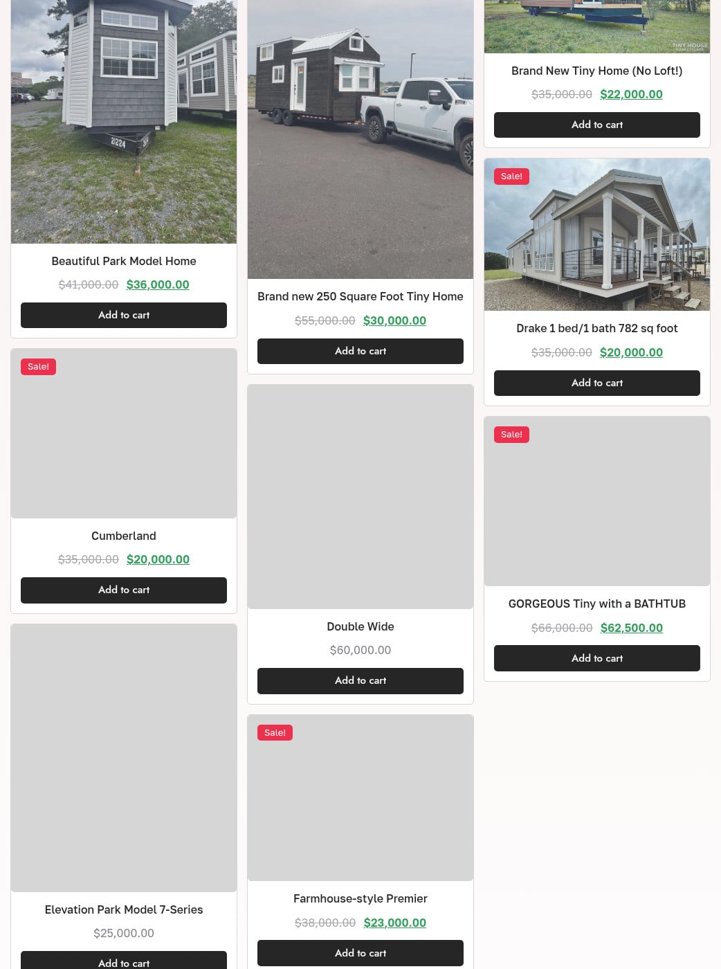 Screenshot of more listings including a photo watermarked Tiny House Marketplace, blank gray placeholders, and $20,000 park models