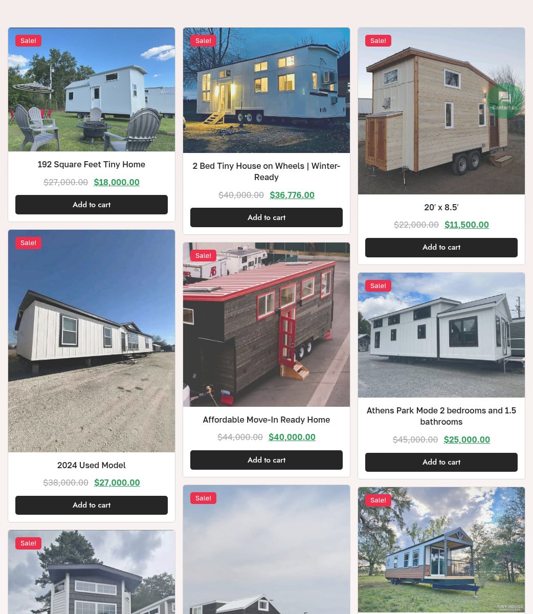 Screenshot of a product grid selling tiny houses like online store items, including $18,000 and $11,500 sale prices and Add to cart buttons