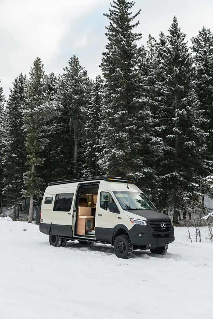 Fjord, an all-wheel-drive Mercedes Sprinter ski van by Yama Vans, parked in a snowy mountain setting near Fernie BC