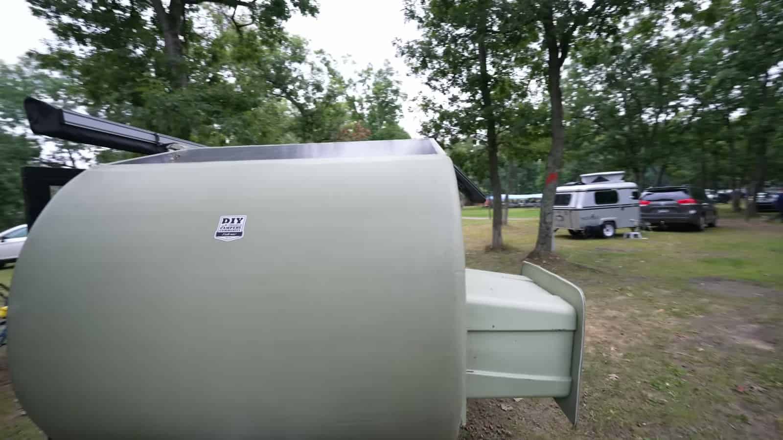 Rear slide-out on a foam teardrop trailer made from a storage tub