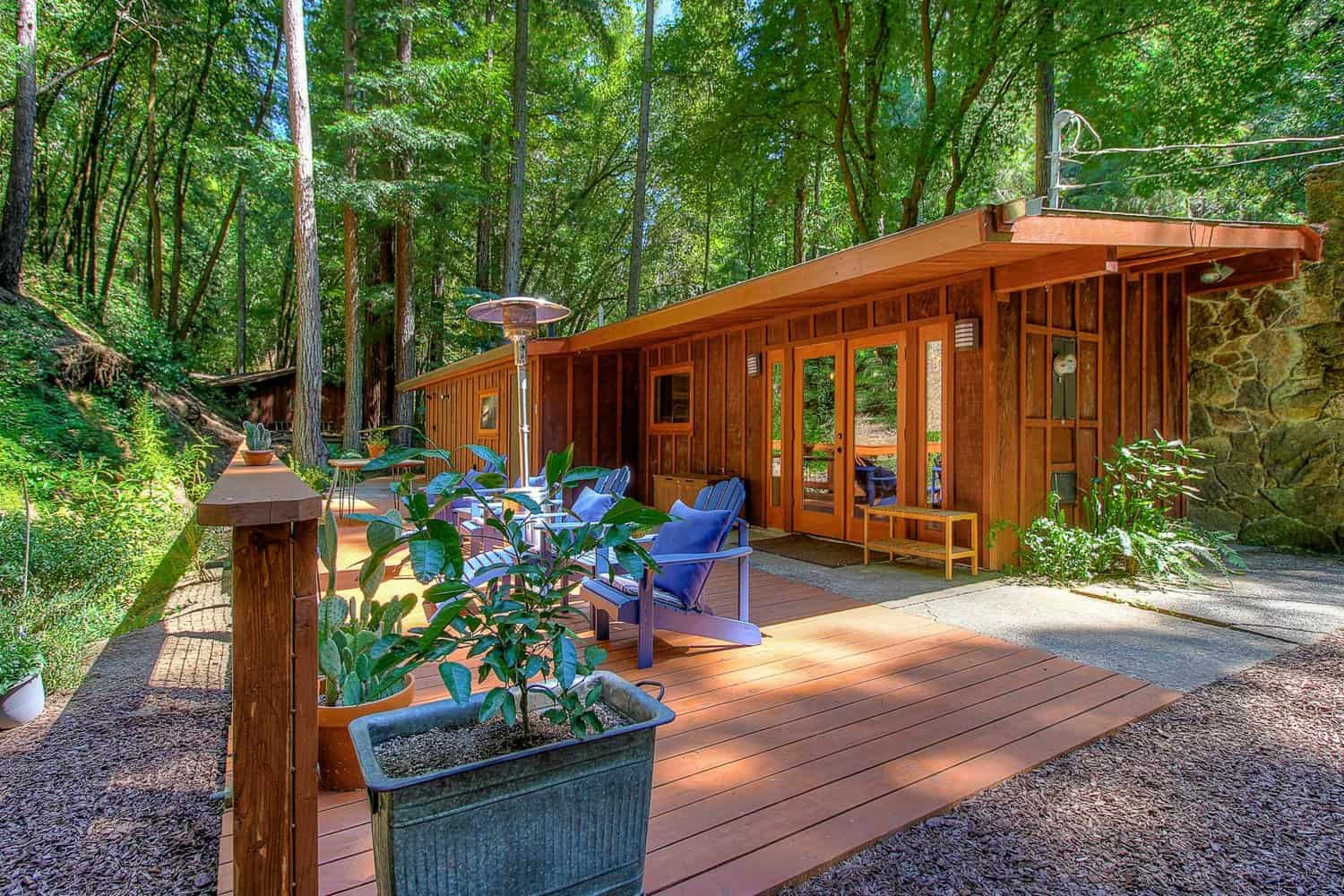 Forestville Cabin, a low 1964 redwood cabin with a deck, surrounded by redwood trees and greenery
