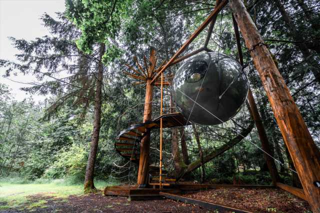 Low-angle view of the dark Luna sphere hanging in evergreens, spiral stair around a trunk, cables to wooden posts
