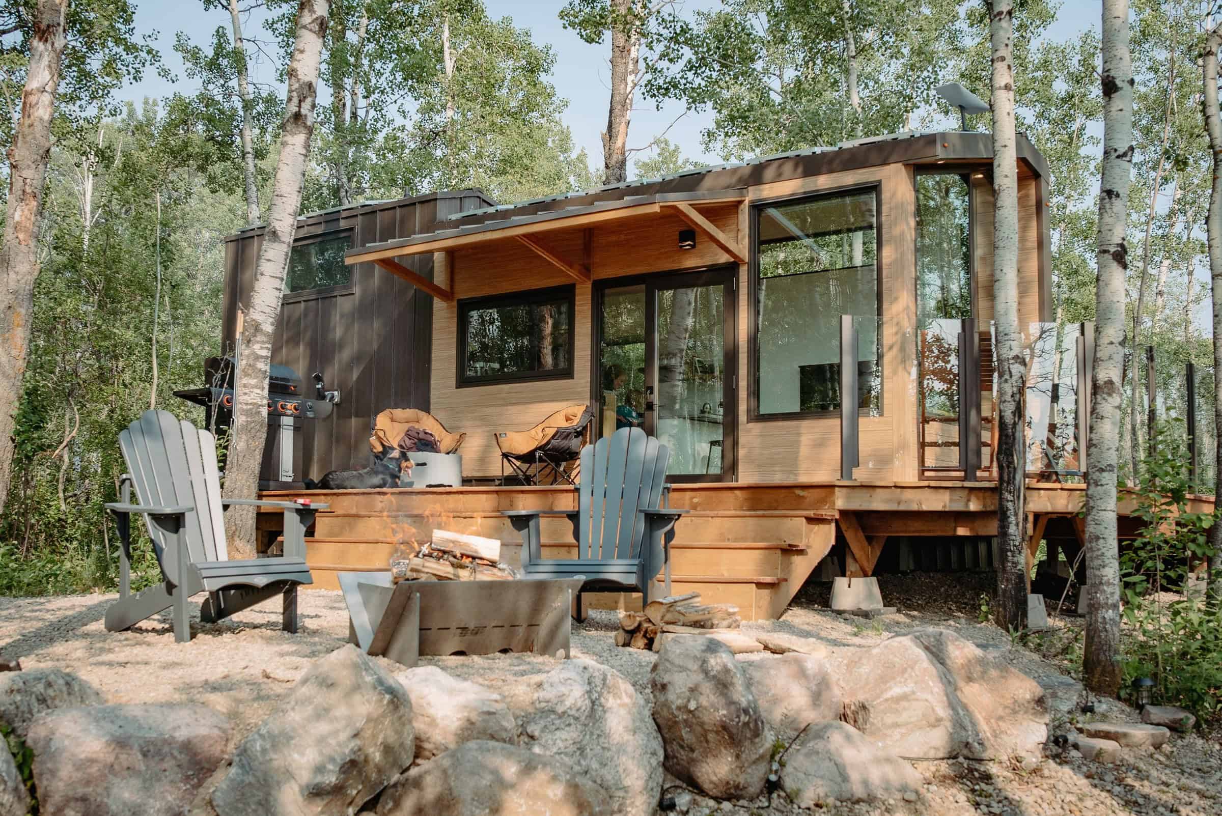 Wider Halcyon 01 exterior: light wood and dark metal siding, glass-rail deck, gravel patio with a fire pit and Adirondack chairs, birch trees