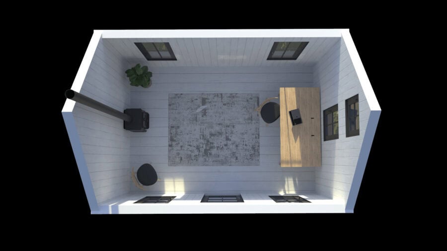 Modern tiny house interior with cozy workspace and minimalist decor.