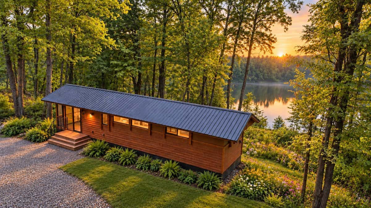 Aerial view of the cedar-sided GLASS HOUSE at sunset on its elevated site above Lost Lake at Canoe Bay Village Lot 25