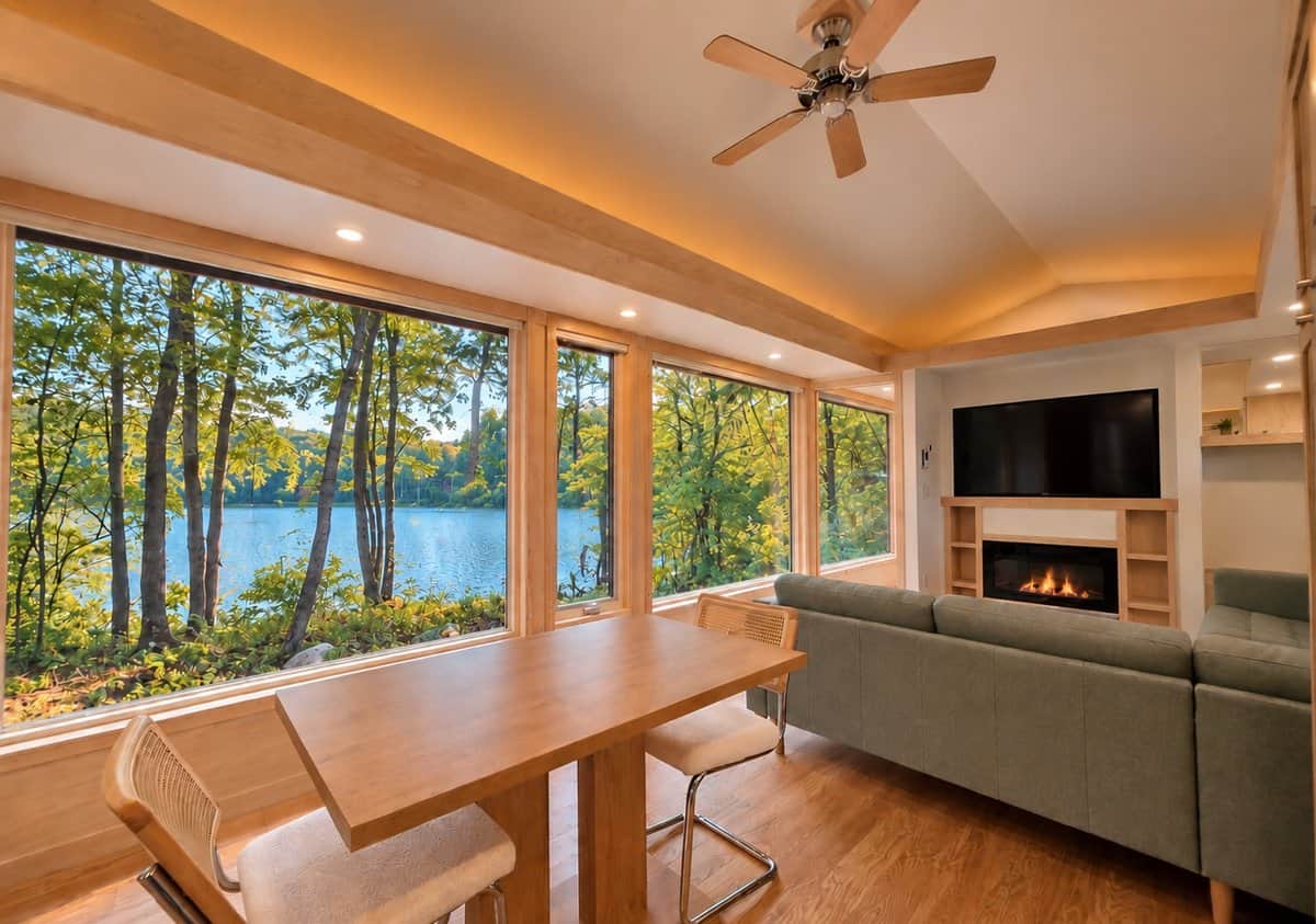 Great room with a 30-foot wall of glass overlooking Lost Lake, a maple dining table for two, sectional, fireplace and Smart TV in the GLASS HOUSE Lot 25