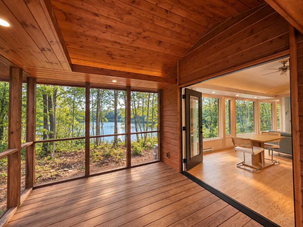 Cedar-lined screened porch with a vaulted ceiling looking out to Lost Lake, with the glass door open into the great room of the GLASS HOUSE Lot 25