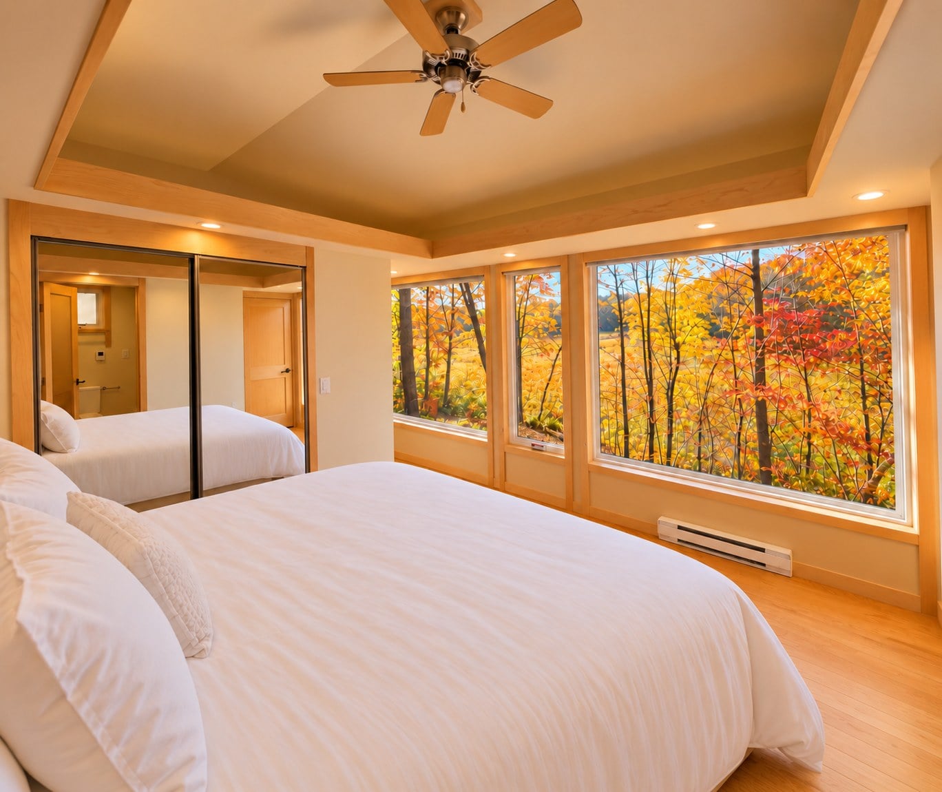 Large corner windows in the Glass House Lot 27 king bedroom looking out on fall trees and the protected wetland