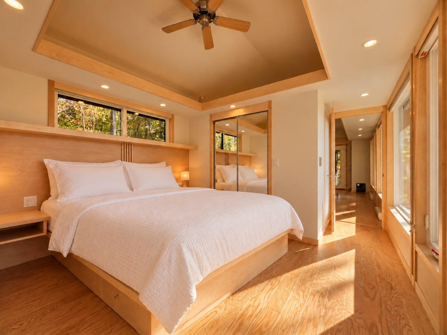 King bedroom in the Glass House Lot 27 with a maple headboard wall, clerestory windows, tray ceiling and mirrored closet doors