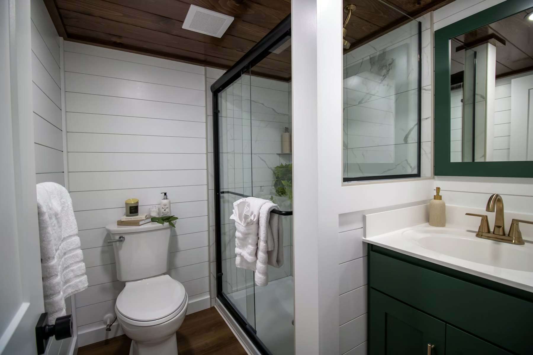 Bathroom with glass-door tile shower, toilet, and green vanity