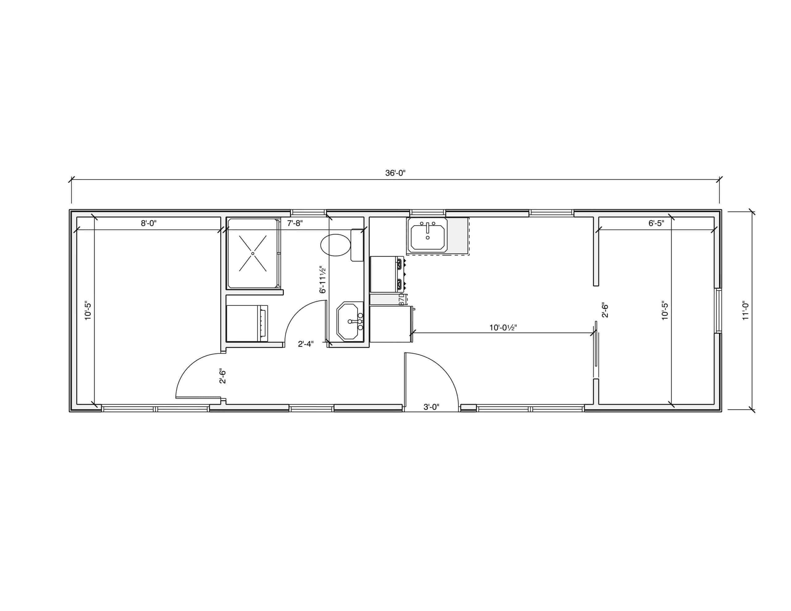 Listing floor plan: two main-floor bedrooms at the ends, kitchen and living in the middle, one bathroom
