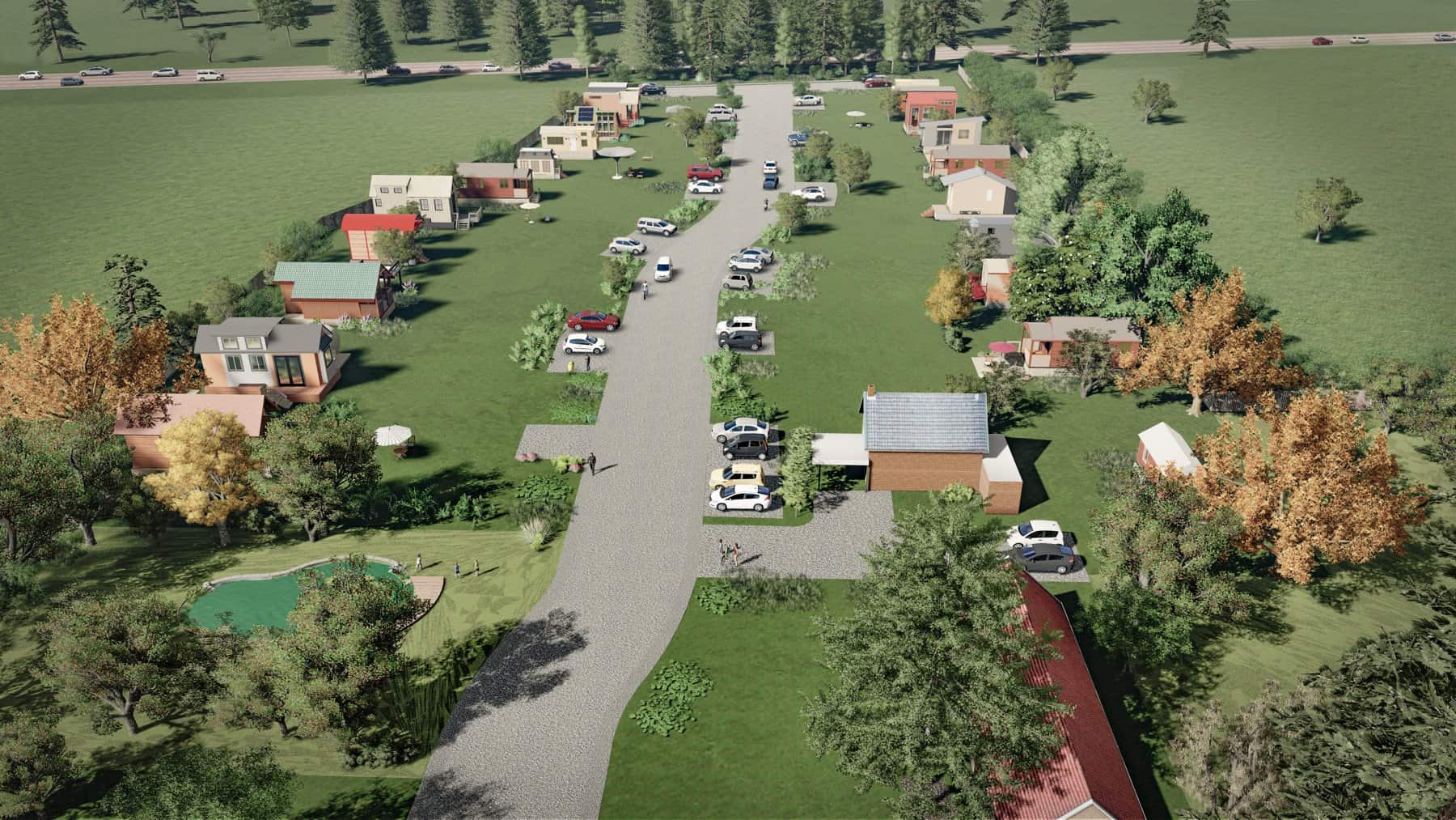 Aerial rendering of Hermosa Orchards Village showing tiny homes along a central street surrounded by trees and lawns