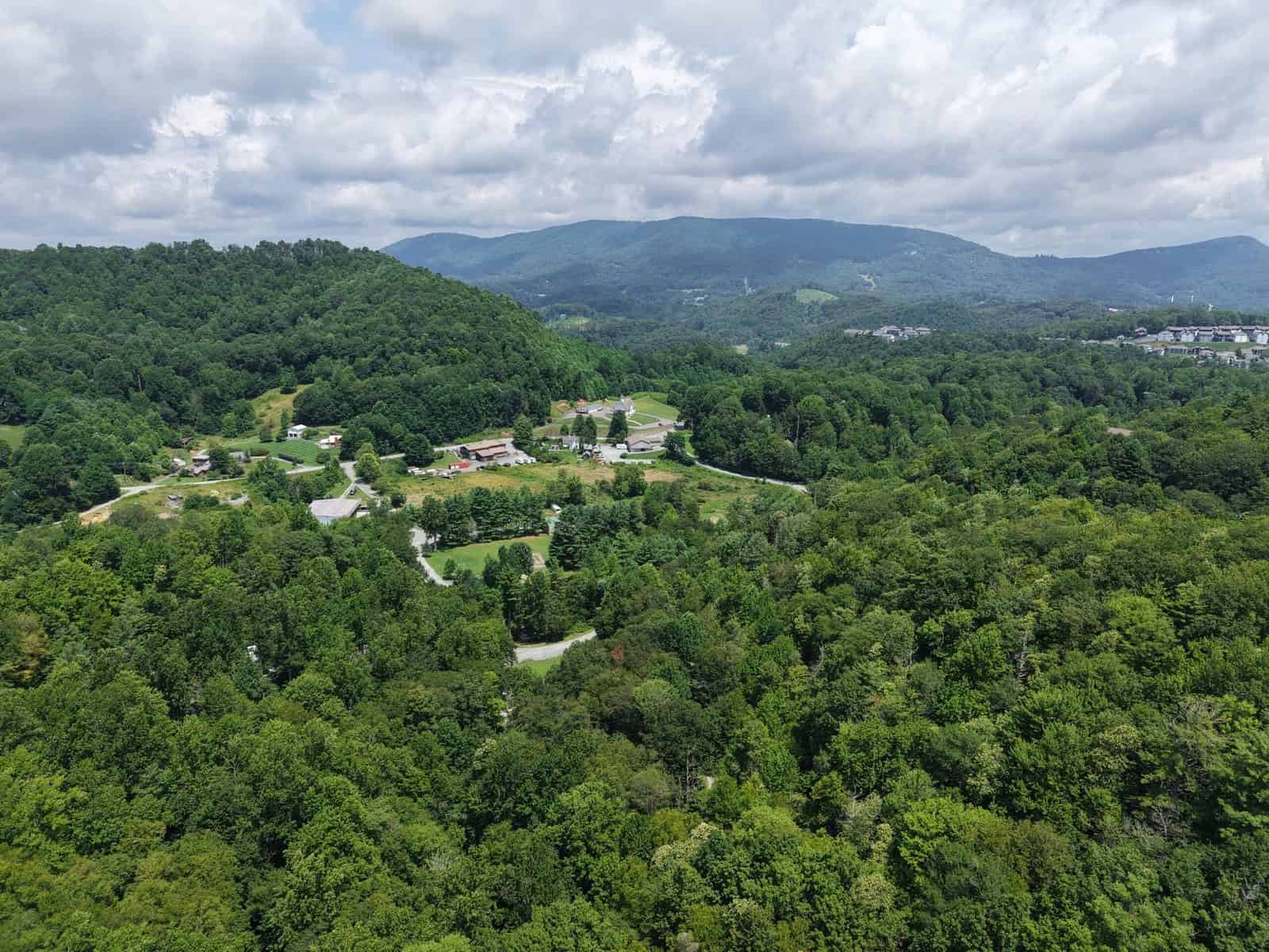 Aerial view over forested mountain ridges and valleys around Boone, North Carolina